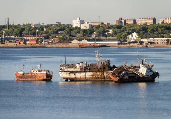 Uruguay Daki Montevideo Limanında Terk Edilmiş Gemiler Sığ Sularda Paslanıyor — Stok fotoğraf