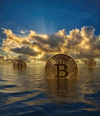 Kripto para biriminin yükseldiğini ya da battığını göstermek için üç bitcoin okyanusa yükseliyor ya da batıyor.