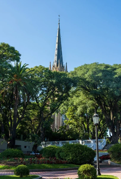 Leafy View Tall Church Spire Clock Tower San Isidro Cathedral — Stock Photo, Image
