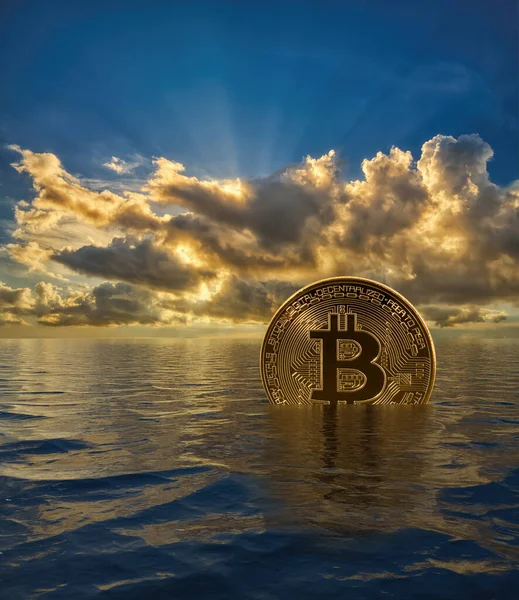 Ein Einzelner Bitcoin Steigt Oder Sinkt Ozean Als Konzept Den — Stockfoto