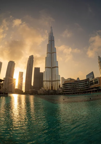 Sunset Sunburst Skyline Dubai Downtown Business District Burj Khalifa Lake — Stock Photo, Image