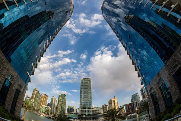 Extreme Wide Angle Fish Eye View Tall Apartment Blocks Hotels — Stock Photo, Image