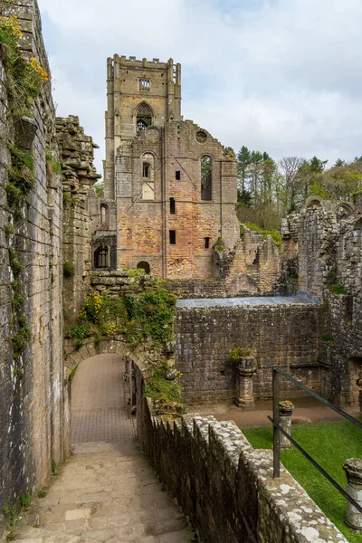 Detail Ruins Fountains Abbey Yorkshire United Kingdom Spring Hubys Tower — Stock Photo, Image