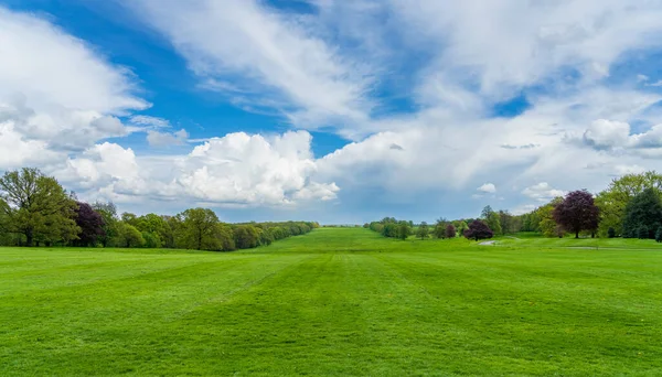 Szeroka Trawa Wypełniona Widokiem Wyłożonym Drzewami Angielskim Parku Dramatycznym Niebem — Zdjęcie stockowe
