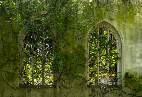 Rzeźbione Kamienne Okna Kościoła Dunstana Londynie Pokryte Liśćmi — Zdjęcie stockowe