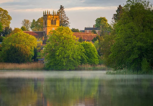 Sunset View Town Ellesmere Shropshire Reflection View Mere Church — Stock Photo, Image