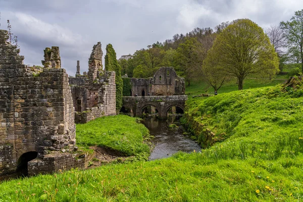 Szczegóły Ruin Opactwa Fountains Yorkshire Wielka Brytania Wiosnę River Skell — Zdjęcie stockowe