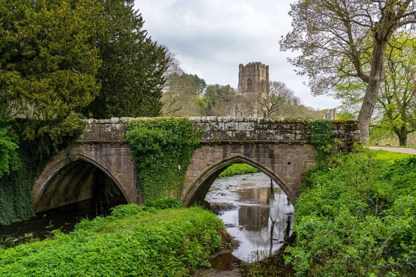 位于英国约克郡的喷泉修道院废墟中 石桥横跨Skell河的细节 — 图库照片