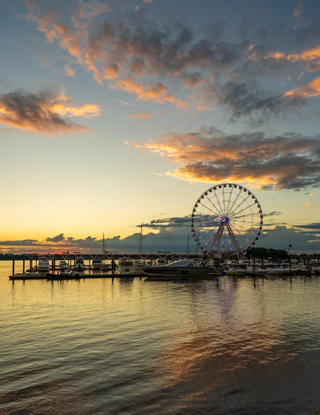 Illuminated Ferris Wheel National Harbor Nation Capital Washington Sunset Marina — Stock Photo, Image
