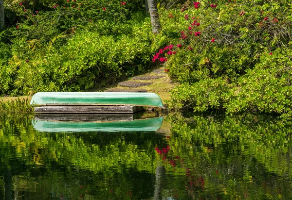 Зеленое Каноэ Хранящееся Причале Отражающее Спокойные Воды Пруда Озера — стоковое фото