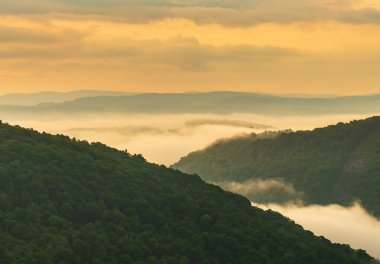 Sabahın erken saatlerinde Raven Rock 'ın yanındaki kanyonun çentiklerinde Aldatmaca nehrinin üzerinde dönen sisi izleyeceğiz. WV 'deki Coopers Rock State Park' ta görüldü.