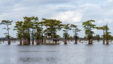 Baton Rouge Louisiana yakınlarındaki Atchafalaya Havzası 'nın sakin sularına demirlemiş balkonlu tekne.