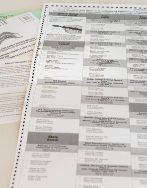 Georgetown, TX - 24 Ekim 2024: Başkan seçimine odaklı olarak Williamson County için Teksas devamsızlık veya posta oy pusulası formu