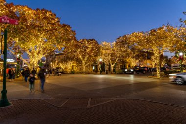 Georgetown, TX - 19 Aralık 2024: Teksas Adliye Meydanı 'nda Noel ışıklarıyla alışveriş