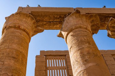 Luxor yakınlarındaki Karnak Tapınağı 'nın çatısını destekleyen sayısız taş sütunlardaki oymaların ayrıntıları