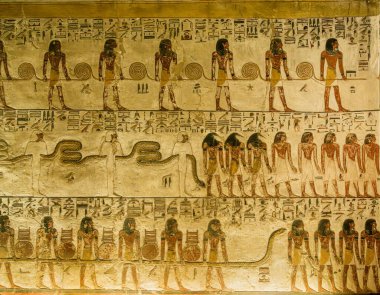 Luxor Krallar Vadisi 'ndeki Seti I için KV17 kraliyet mezarının duvarlarındaki tamamlanmamış duvar resmi.