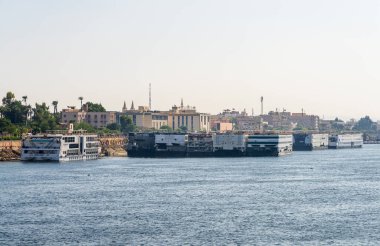 Luxor, Mısır - 2 Kasım 2024: Birçok Nil Nehri yolcu gemisi Nil Nehri kıyısı boyunca yan yana kenetlendi