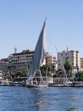 Aswan, Mısır - 4 Kasım 2024: Felucca diğer tur tekneleriyle birlikte Nil üzerinde bir gemi gezisi için rıhtımdan ayrıldı