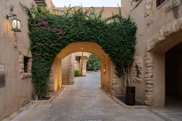 Amman, Ürdün - 8 Kasım 2024: Ürdün 'deki Ölü Deniz kıyısındaki Movenpick Otel ve Spa' nın avlusunda alacakaranlık