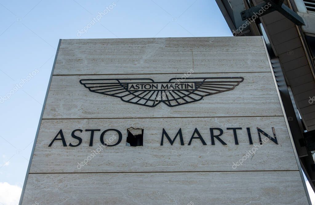 Amman, Jordan - 12 November 2024: Aston Martin car showroom sign with damaged surface near Abdali Mall