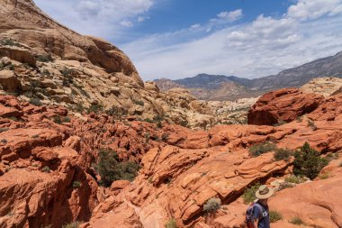 Nevada 'daki Red Rock Kanyonu' nda ılımlı Calico Tankları 'nda kırmızı kumtaşı formasyonlarında bir yürüyüşçü.