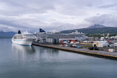 Akureyri, İzlanda - 28 Mayıs 2025: MS Amadea ve Norveç Yıldızı Eyjafjordur fjord limanına yanaştı. Kasaba İzlanda 'nın başkentidir.