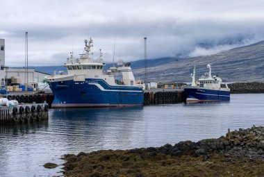 Djupivogur, İzlanda - 30 Mayıs 2025: Hardbakur arktik balıkçı teknesi Doğu İzlanda limanına yanaştı