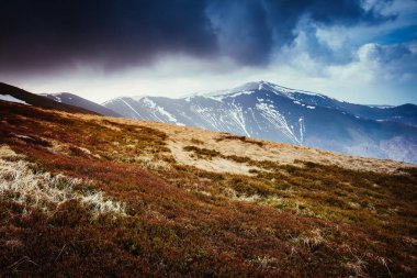 Bulutlu gökyüzünün altındaki kar manzarası harika. Dramatik sahne ve resimli resim. Mekan Karpatlar, Ukrayna, Avrupa. Güzellik dünyası. Retro ve klasik tarzda. Instagram tonlama efekti.