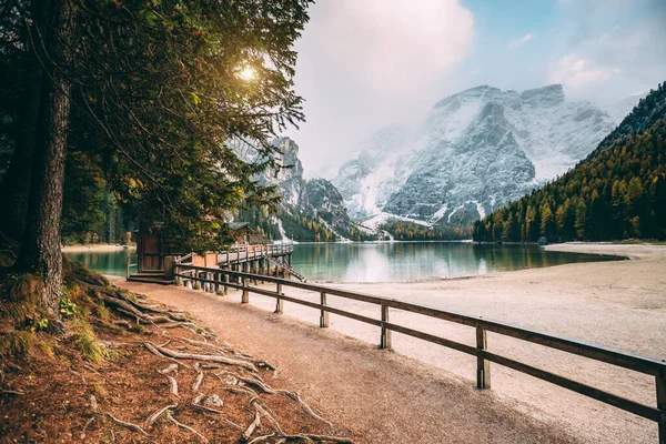 Great Scene Alpine Lake Braies Pragser Wildsee Location Place Dolomite — Stock Photo, Image