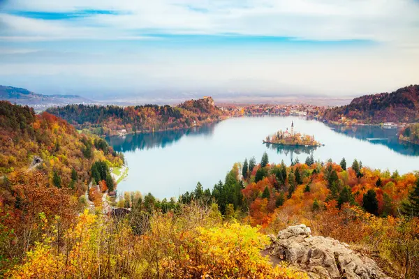 Aerial View Island Alpine Lake Bled Osojnica Viewpoint Great Gorgeous — Stock Photo, Image