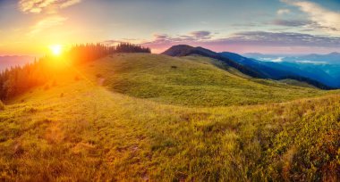 Güneş ışığıyla parlayan fantastik zirveler. Dramatik ve resimli bir sabah sahnesi. Karpatlar 'ın yeri, Ukrayna, Avrupa. Güzellik dünyası. Instagram etkisi. Sıcak tonlama.