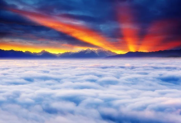 Fantastic Foggy Landscape Glowing Sunlight Morning Dark Overcast Sky Dramatic — Stock Photo, Image