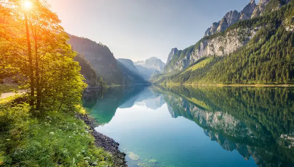 Fantastyczne Lazurowe Alpejskie Jezioro Vorderer Gosausee Niezwykła Malownicza Scena Salzkammergut — Zdjęcie stockowe