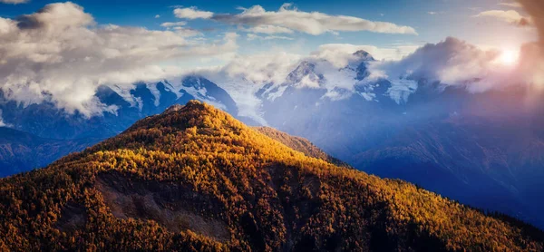 Ωραία Θέα Στους Πρόποδες Του Βουνού Ushba Φωτίζεται Από Φως — Φωτογραφία Αρχείου