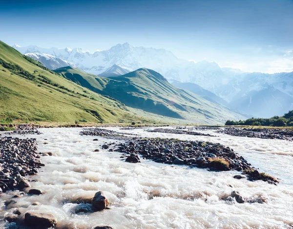 Rapid River Vid Foten Glaciären Shkhara Pittoresk Och Vacker Scen — Stockfoto