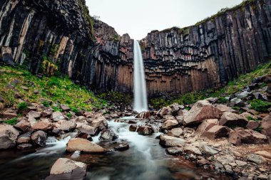 Svartifoss şelalesinin manzarası harika. Dramatik ve resimli bir sahne. Popüler turist eğlencesi. Ünlü yer Skaftafell Ulusal Parkı, Vatnajokull Buzulu, İzlanda, Avrupa. Güzellik dünyası.