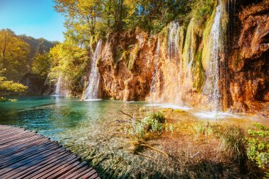 Majestic view on turquoise water and sunny beams. Picturesque and gorgeous scene. Popular tourist attraction. Location famous resort Plitvice Lakes National Park, Croatia, Europe. Beauty world.  clipart