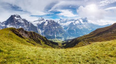 Great view of Eiger village. Picturesque and gorgeous scene. Popular tourist attraction. Location place Swiss alps, Grindelwald valley in the Bernese Oberland, Europe. Discover the world of beauty.