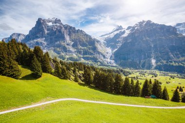 Eiger Köyü 'nün manzarası çok etkileyici. Resimli bir sahne. Popüler turist eğlencesi. İsviçre Alpleri, Grindelwald Vadisi, Bernese Oberland, Avrupa. Drone fotoğrafçılığı. Güzellik dünyası.