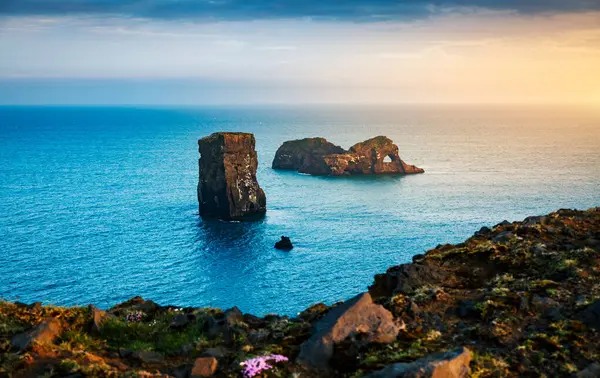 Kirkjufjara plajı ve güneşli tepelerin manzarası harika. Popüler turist eğlencesi. Resimli ve muhteşem bir sahne. Mekan Sudurland, Cape Dyrholaey, Vic Köyü, Güney İzlanda, Avrupa. Güzellik dünyası.