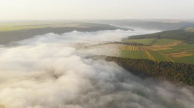 Şafak vakti sisli kırsal manzaranın manzarası. Tarımsal arazide uçan insansız hava aracı. Dnister ya da Dniestr Kanyonu, Ukrayna, Avrupa. Toprağın güzelliğini keşfedin. 4K 'da çekilmiş..