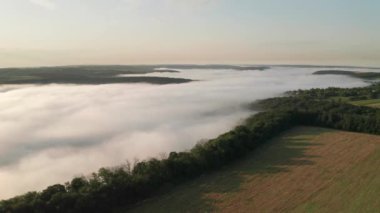 Şafak vakti sisli kırsal manzaranın manzarası. Tarımsal arazide uçan insansız hava aracı. Dnister ya da Dniestr Kanyonu, Ukrayna, Avrupa. Toprağın güzelliğini keşfedin. 4K 'da çekilmiş..