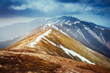 Bulutlu gökyüzünün altındaki kar sırasının kasvetli görüntüsü. Dramatik sahne ve resimli resim. Mekan Karpatlar, Ukrayna, Avrupa. Güzellik dünyasını keşfedin. Instagram tonlama efekti.