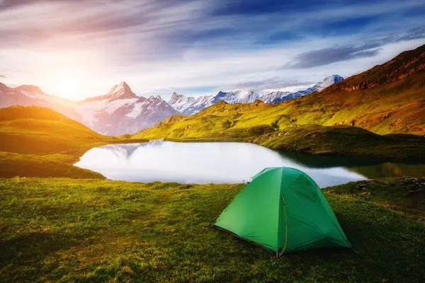 Alpine Valley Glowing Sunlight Popular Tourist Attraction Dramatic Picturesque Scene — Stock Photo, Image