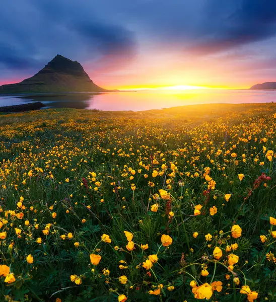 カークジュフェル火山との壮大な夜スネフェルズネス半島の海岸 人気の観光名所 劇的で絵のようなシーン 場所カークフェルスフォス アイスランド ヨーロッパ 美の世界 ロイヤリティフリーのストック画像