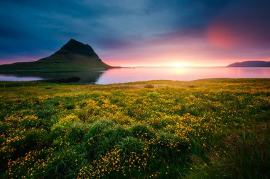 Akşam Kirkjufell volkanı Snaefellsnes yarımadasının kıyısında. Mekan Kirkjufellsfoss, İzlanda, Avrupa. Tipik İzlanda manzarası. Duvar kağıdının harika bir görüntüsü. Dünyanın güzelliğini keşfedin.