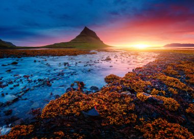 Akşam Kirkjufell volkanı Snaefellsnes yarımadasının kıyısında. Kirkjulsfoss 'un yeri. Tipik İzlanda manzarası. Dünyada eşi benzeri olmayan bir yer. Duvar kağıdının harika bir görüntüsü. Dünyanın güzelliğini keşfedin.