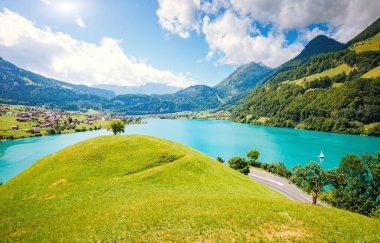 Scenic surroundings near the town resort Lungern. Picturesque day and gorgeous scene. Wonderful image of wallpaper. Location place Swiss Alps, canton of Obwalden, Europe. Explore the world's beauty. clipart