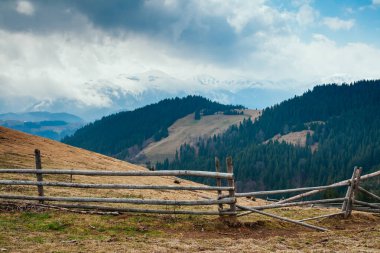 Sisli tepeler ve Alp Vadisi 'nin kasvetli manzarası. Karpatya Ukrayna, Avrupa 'da bir yer. Harika bir bahar duvar kâğıdı. Açık hava aktivitesi. Dünyanın güzelliğini ve vahşi yaşamını keşfedin..