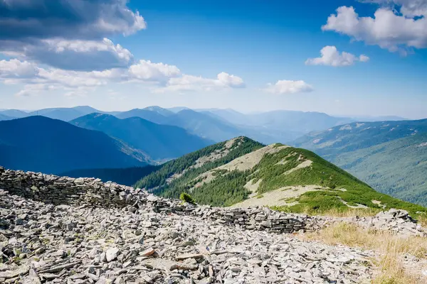 Büyük tepeler ve Alp Vadisi manzarası. Mekan Karpatlar, Ukrayna, Avrupa. Harika bir yaz duvar kâğıdı. Harika bir açık hava tatili. Dünyanın güzelliğini ve vahşi yaşamını keşfedin..